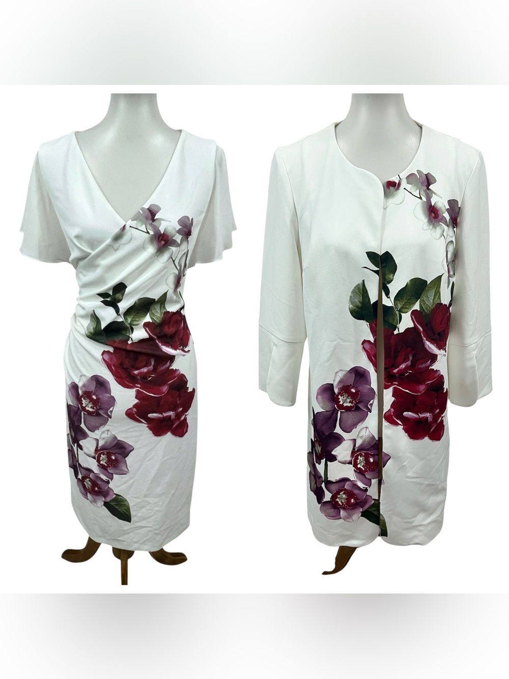 Joseph Ribkoff Floral Faux Wrap Flutter Sleeve Sheath Dress Kimono Blazer Jacket